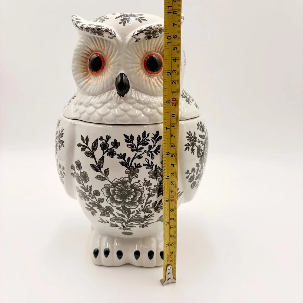 Spooky Street Owl Cookie Jar White Black Floral Toile Ceramic 78oz Halloween New